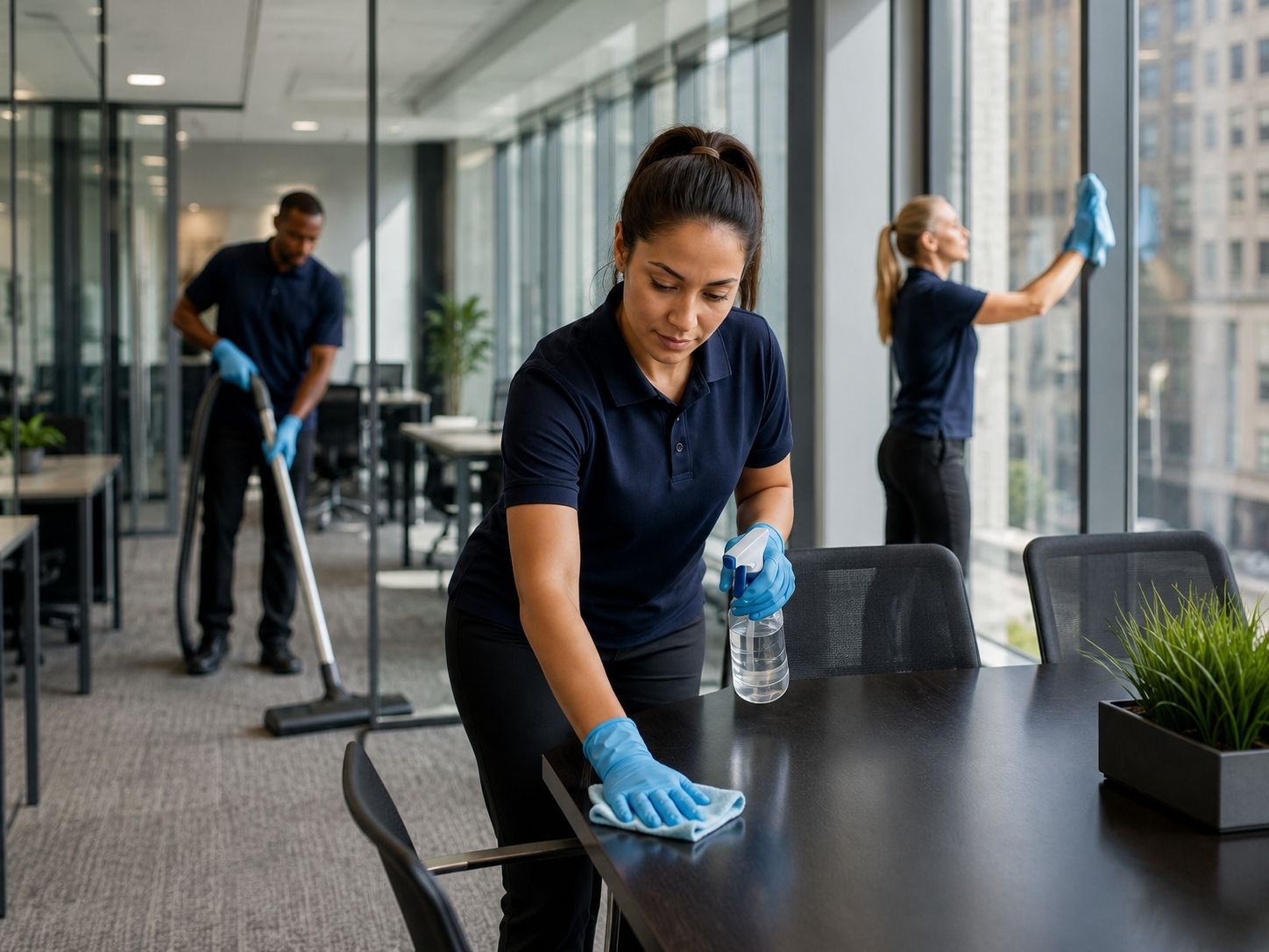 Professional cleaning crew servicing a modern corporate office
