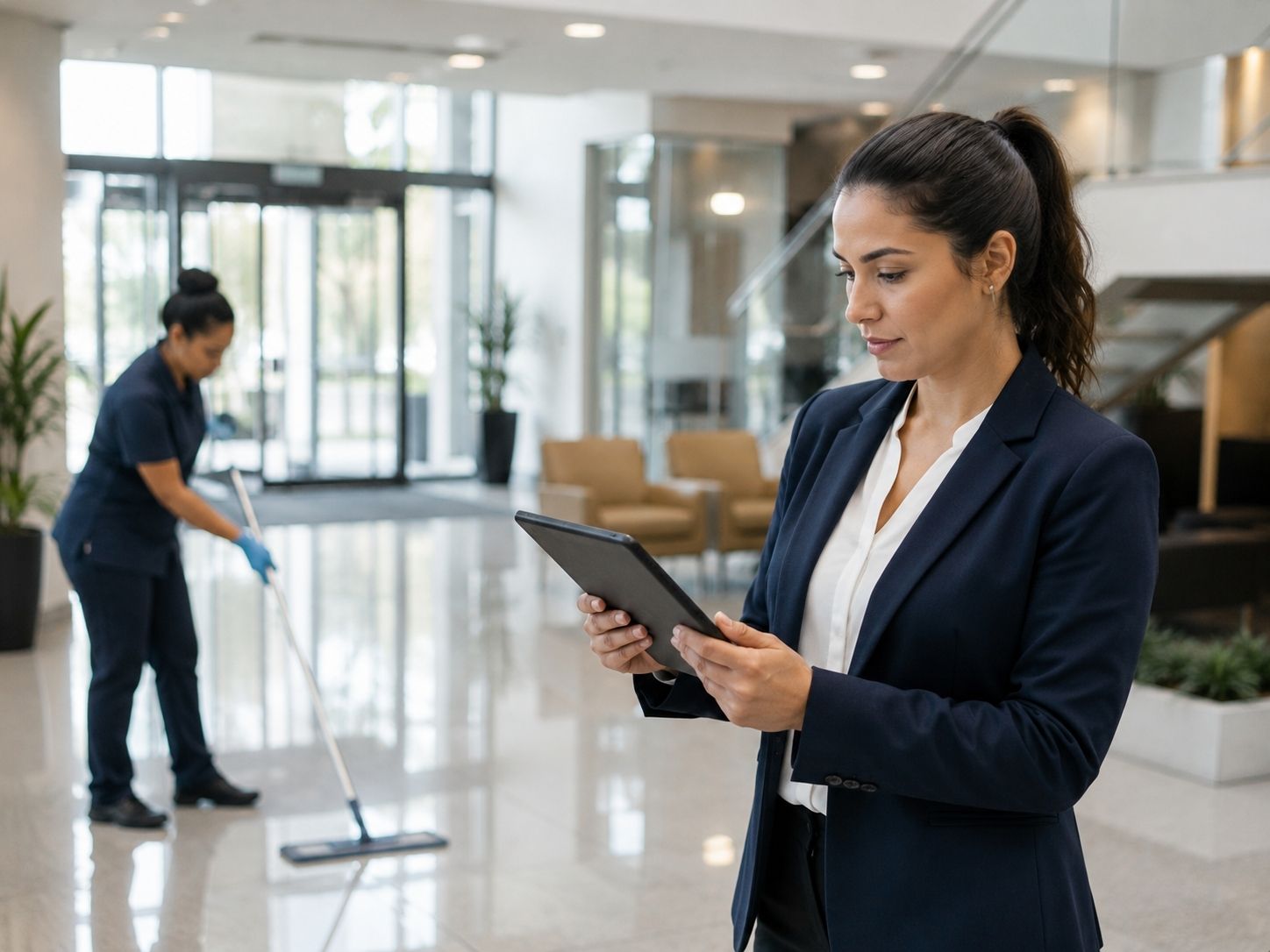 Quality supervisor inspecting a spotless commercial office