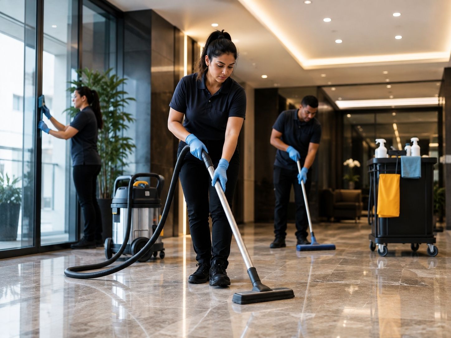 Triumph Facility Services cleaning crew working in a modern commercial building